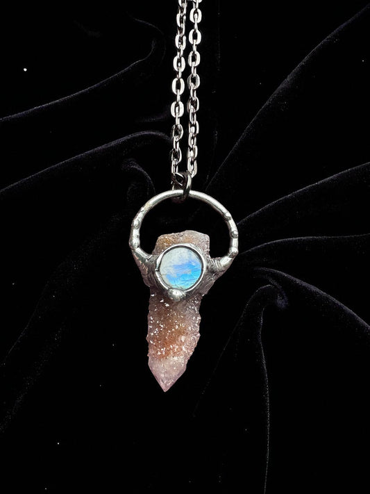 The Veilkeeper~spirit quartz and rainbow moonstone crystal talisman necklace ~