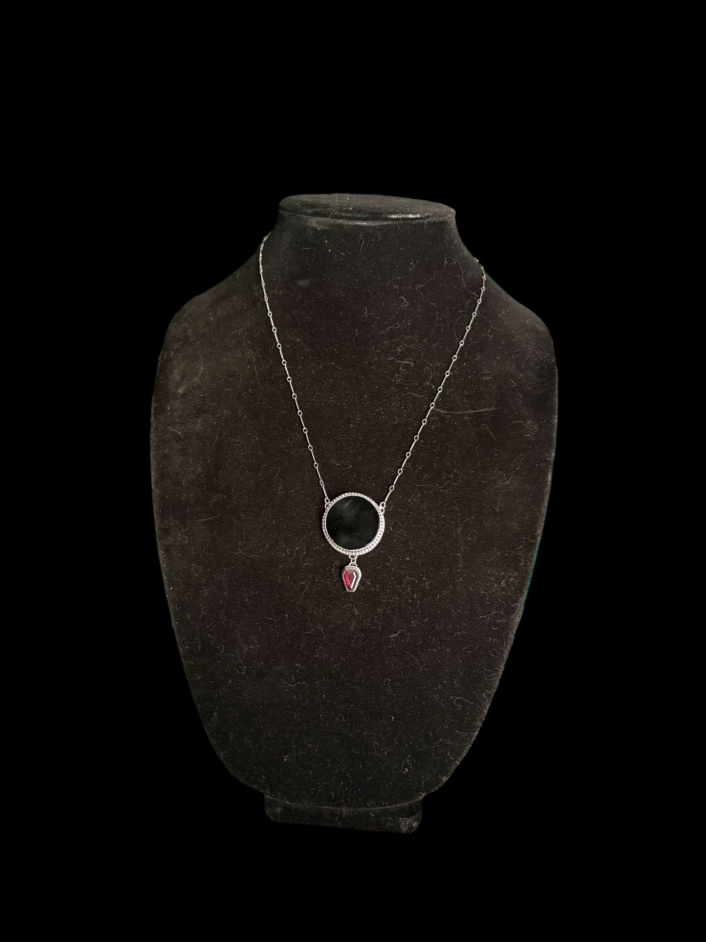 The Obsidian Veil-obsidian scrying mirror with coffin cut garnet Sterling silver necklace-