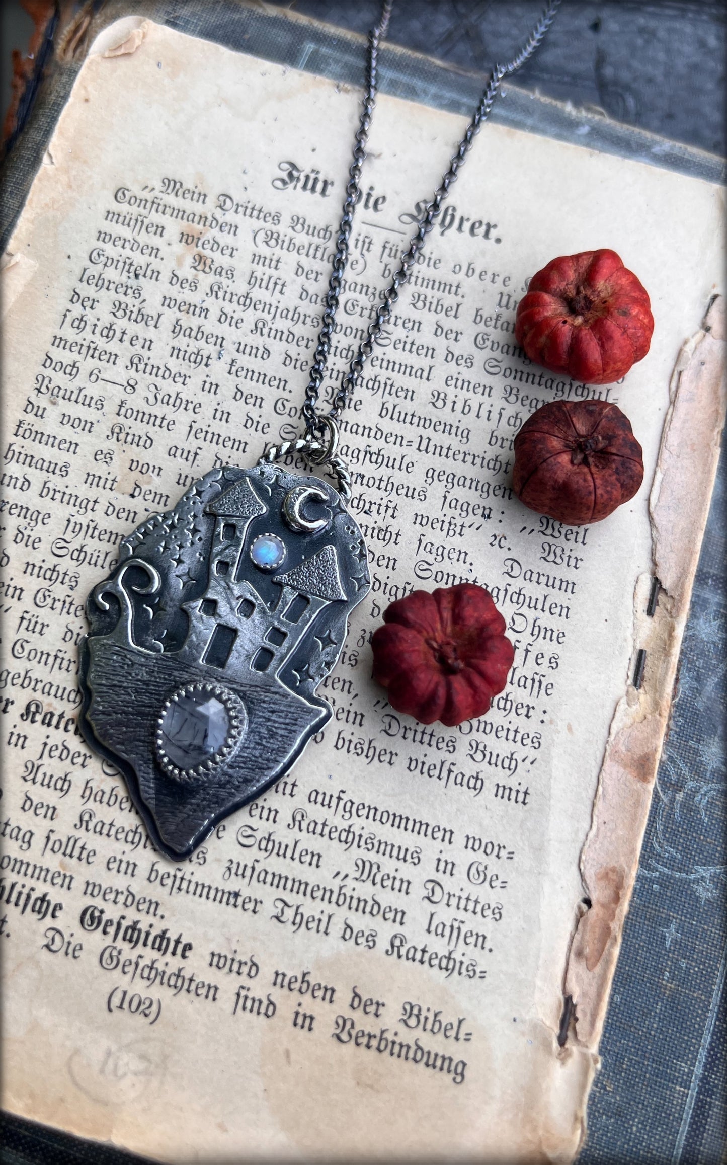 Haunted House~Hand crafted Sterling silver haunted house with rose cut black tourmaline included quartz & rainbow moonstone necklace~