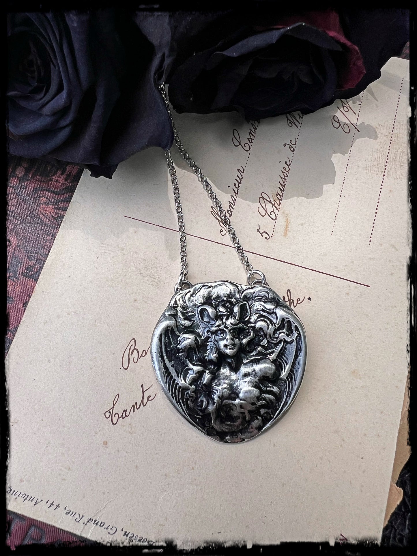 Unger Bros die cast Bat woman sterling and fine silver necklace MTO~