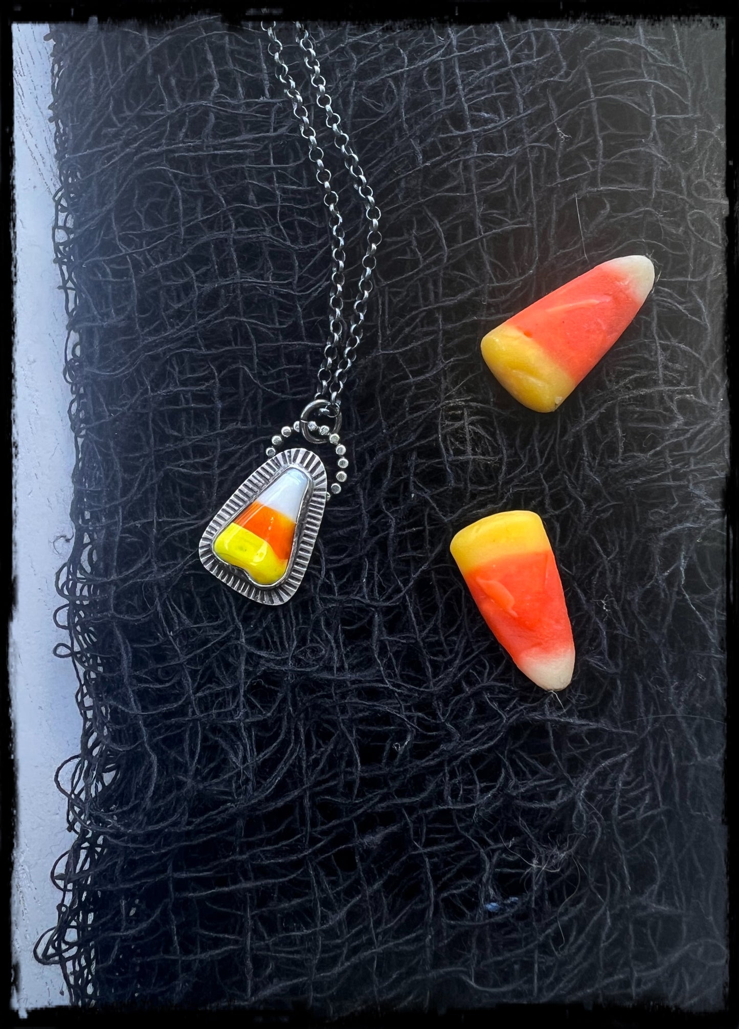 Trick or treat~Hand crafted Sterling silver Glass blown candy corn pendant layering necklace~