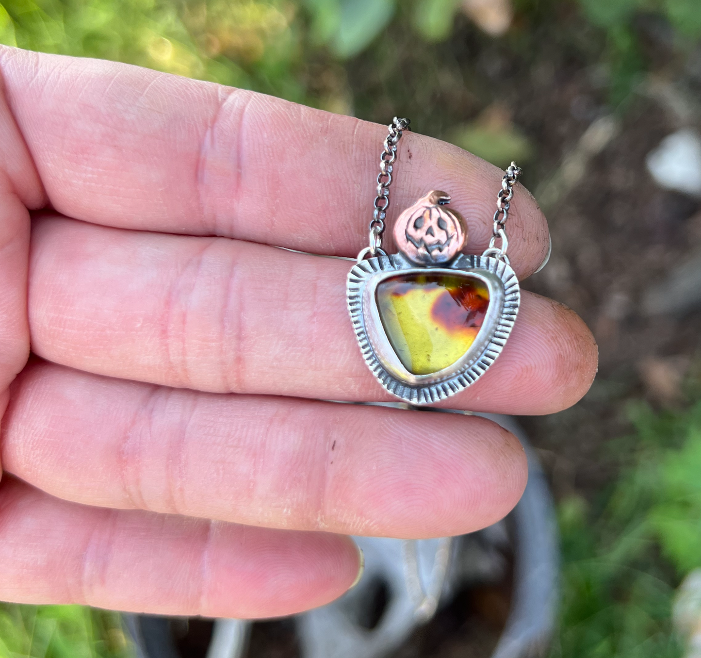 Forever Autumn~sterling silver & copper jack-o’-lantern & baltic Amber sterling silver necklace~