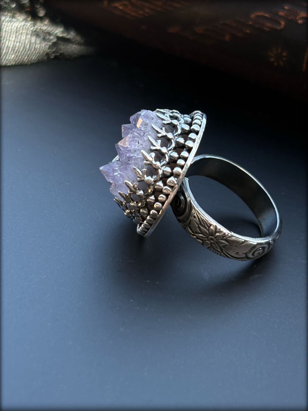 Handcrafted sterling silver raw amethyst cluster ring size 8~
