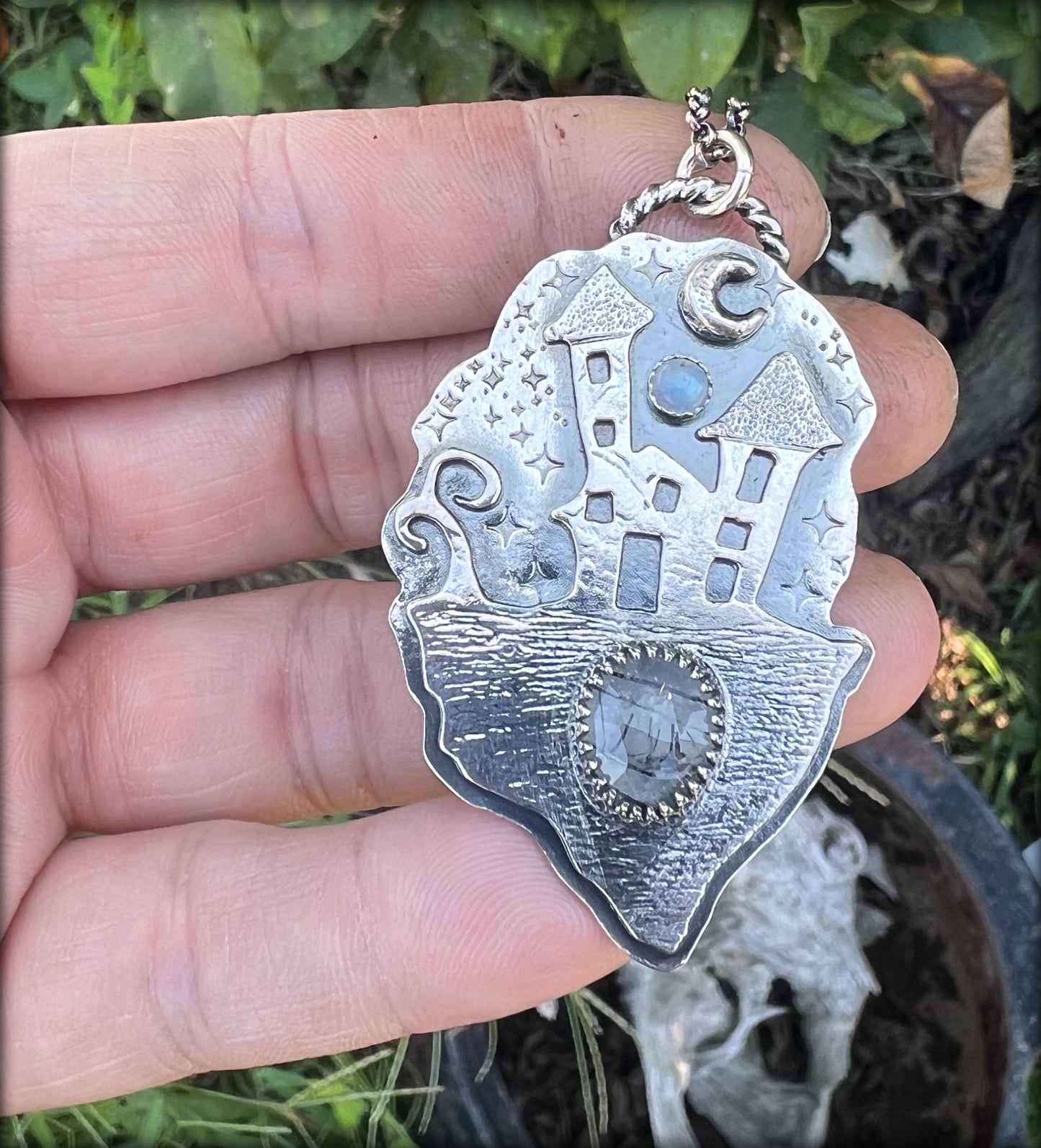 Haunted House~Hand crafted Sterling silver haunted house with rose cut black tourmaline included quartz & rainbow moonstone necklace~