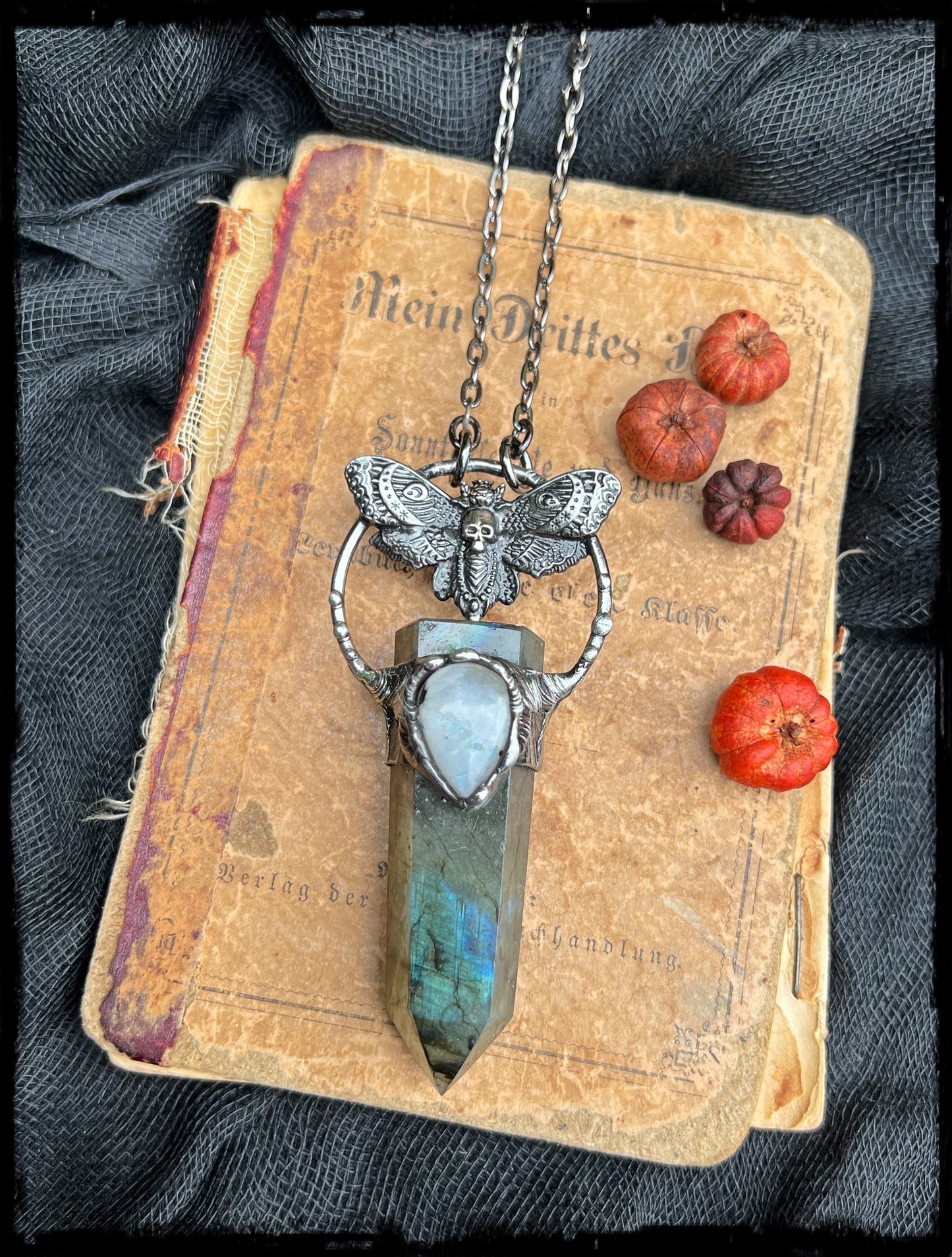 Acherontia~ Labradorite & rainbow moonstone death moth crystal necklace~