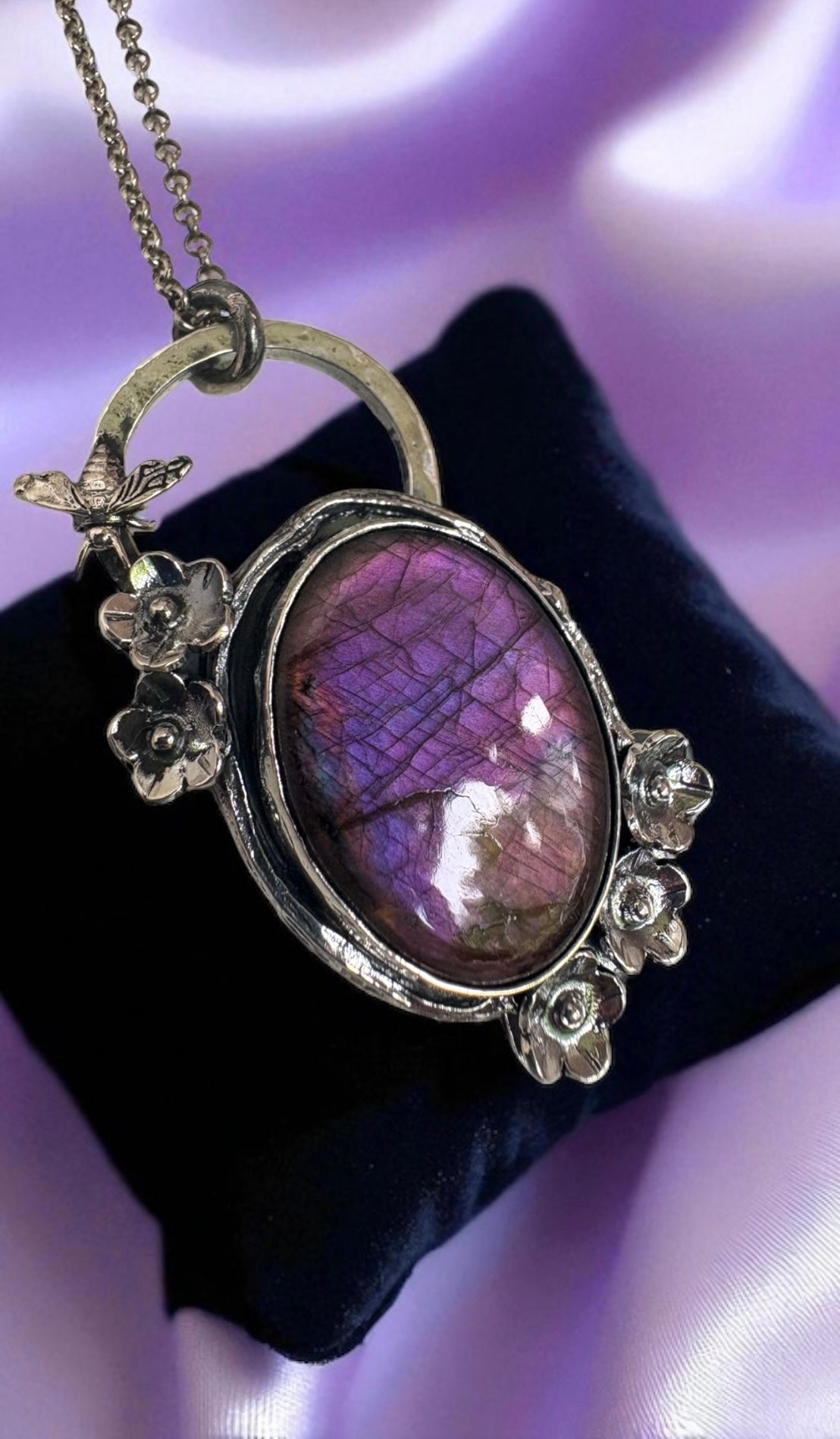 The Violet Apiary – Sterling Silver Necklace with Purple Labradorite, Bee & Bloom