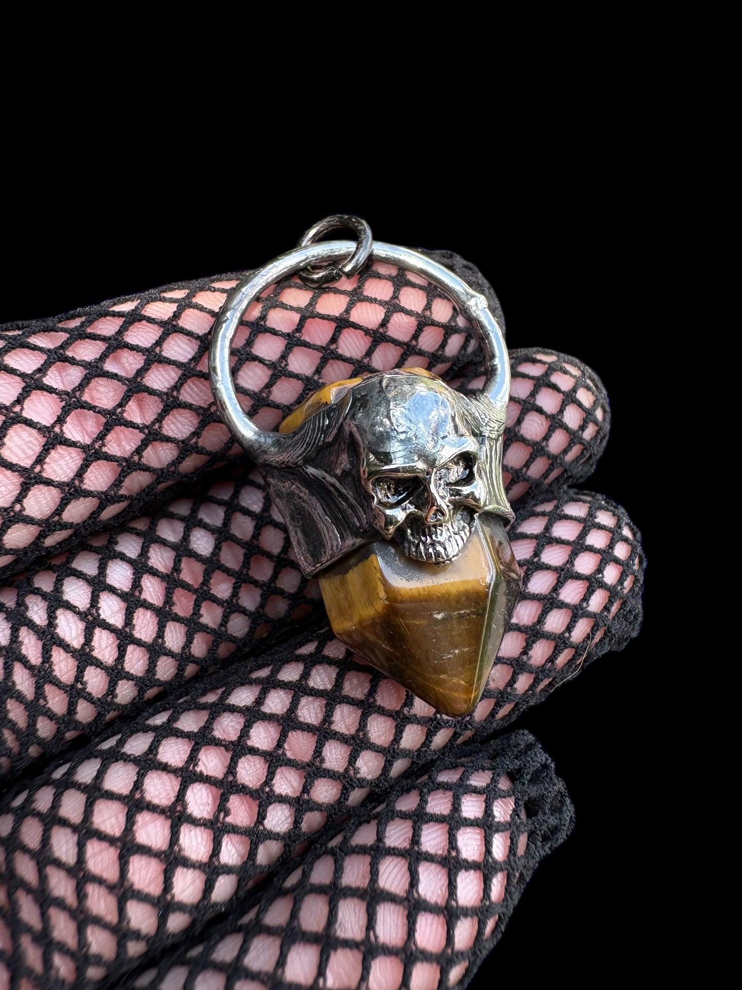 Hand crafted Tiffany technique Tiger’s Eye & human skull necklace ~