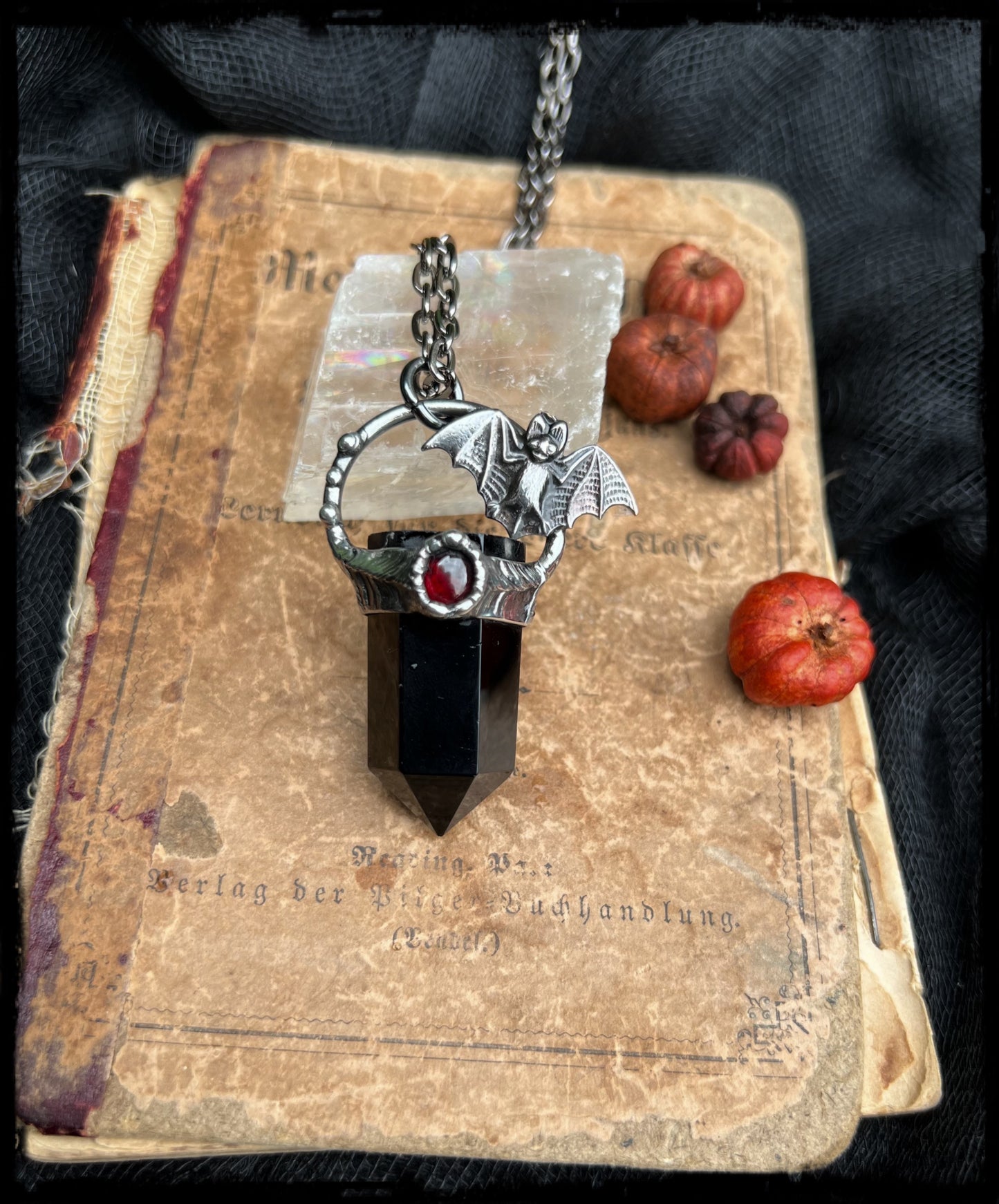 Bat in the belfry ~Obsidian & garnet bat crystal necklace~