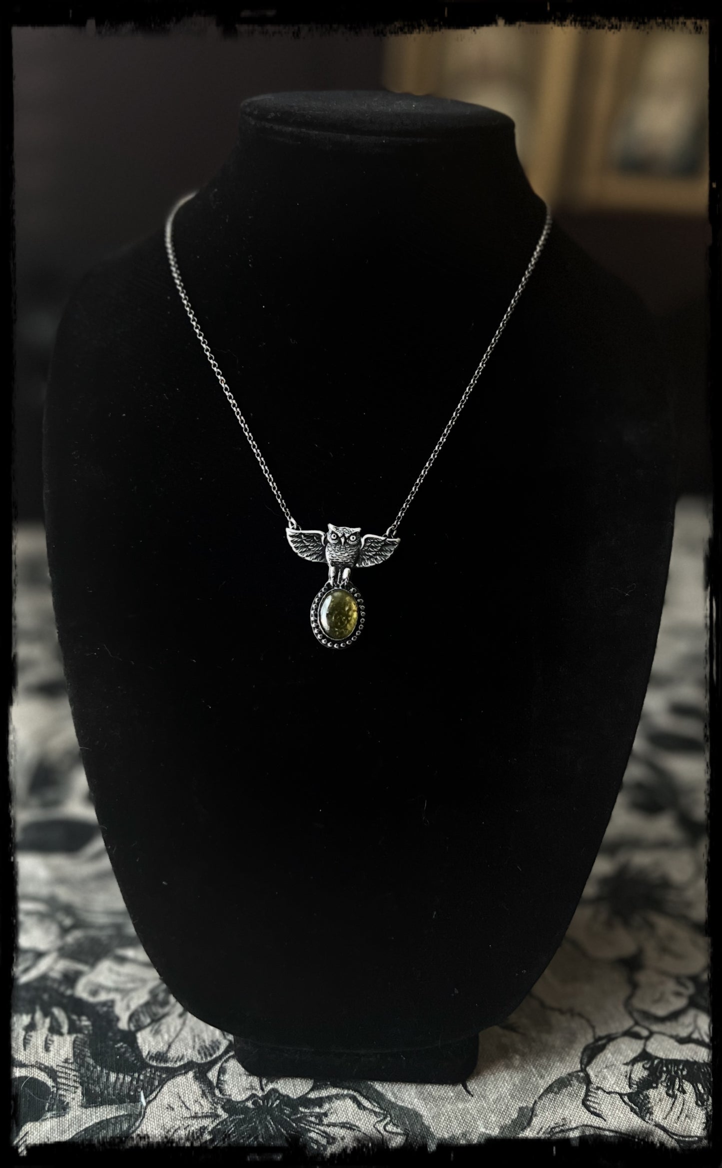 Glaukopis~Hand crafted Sterling owl with Olive vesuvianites statement pendant necklace~
