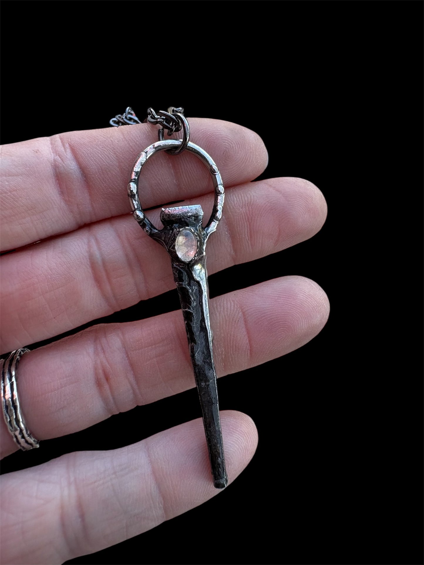 Hand crafted antique coffin nail Tiffany technique necklace with rainbow moonstone~