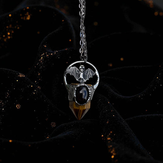 The Nocturne Talisman | Tiger’s Eye & Star Garnet Bat Necklace