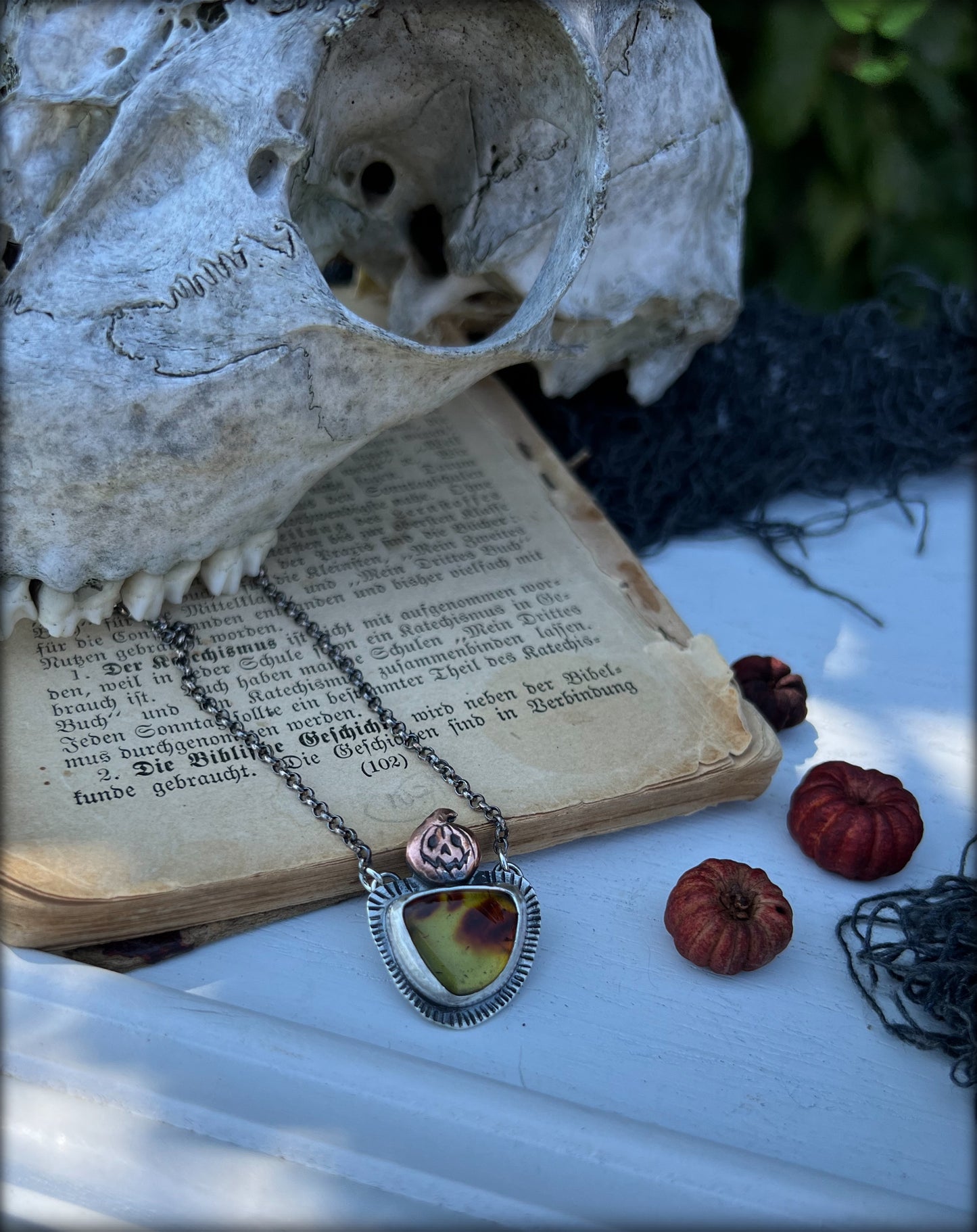 Forever Autumn~sterling silver & copper jack-o’-lantern & baltic Amber sterling silver necklace~