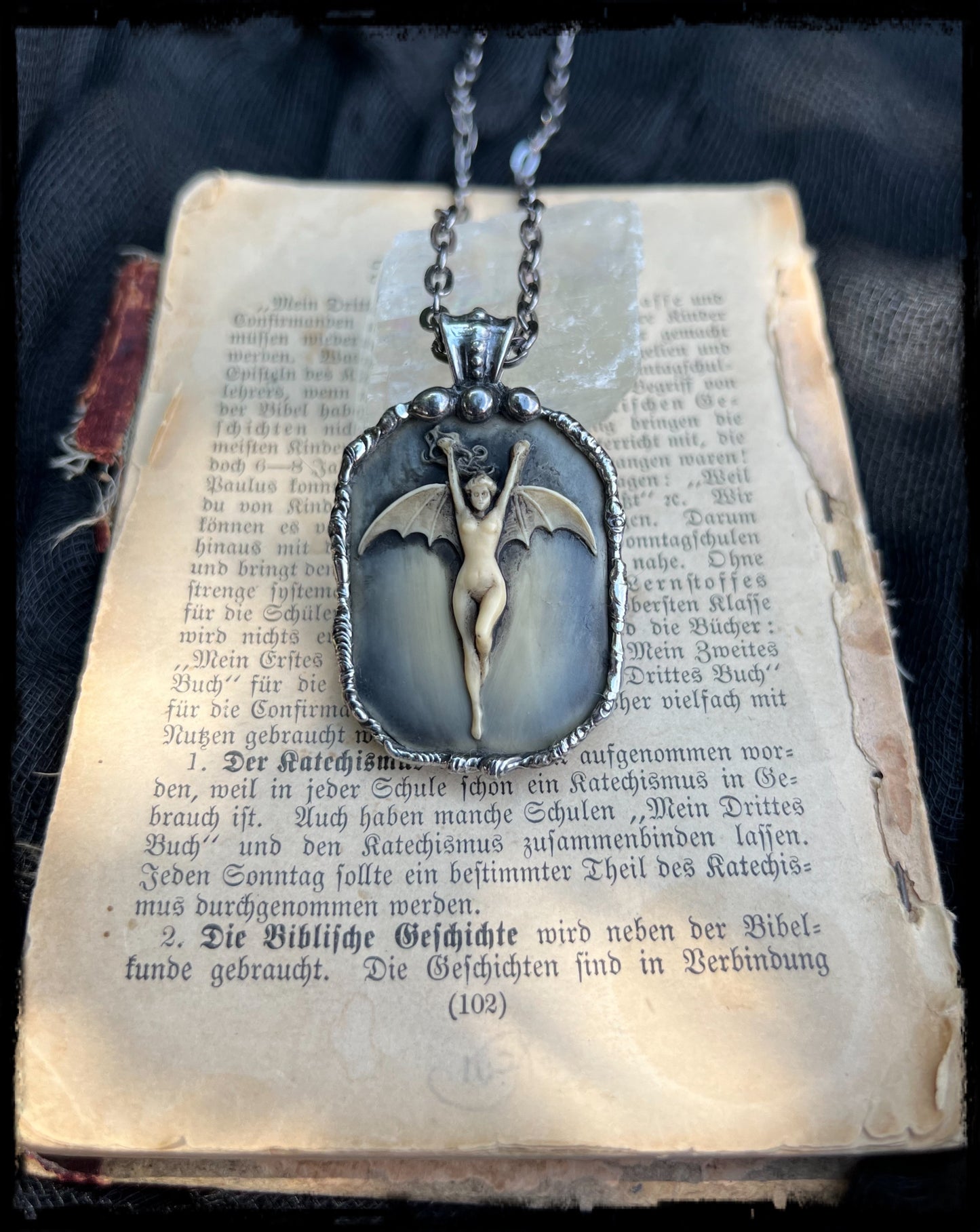 La Femme Chauve-Souris ~resin bat woman black & blue antiqued patina hand crafted Tiffany technique necklace~