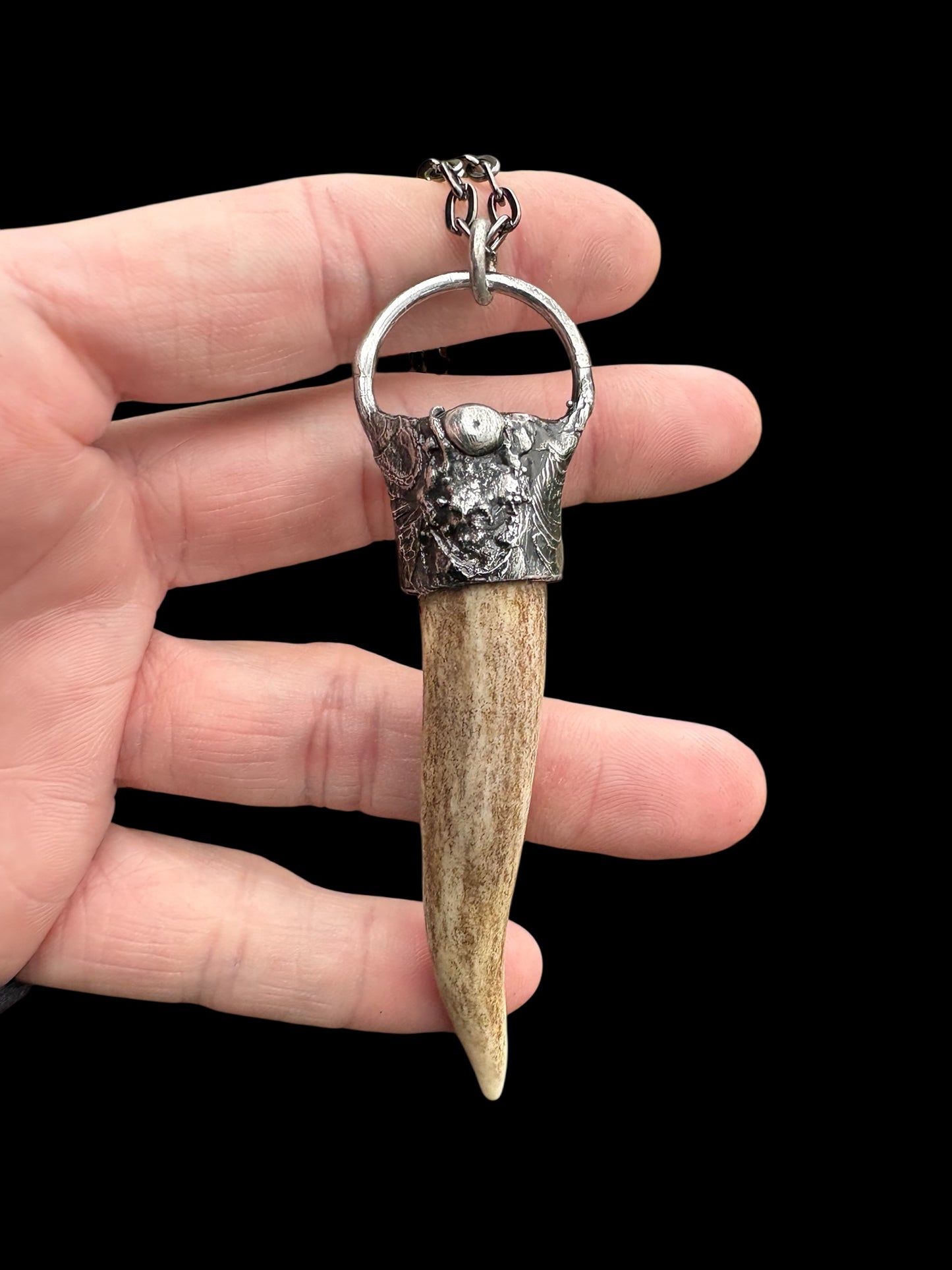 Brutalist style ~Hand crafted Tiffany technique naturally shed deer antler Talisman necklace~