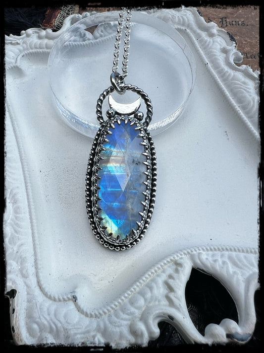 Under Moonlight~Hand crafted Sterling & fine silver rose cut rainbow moonstone crescent moon statement necklace ~