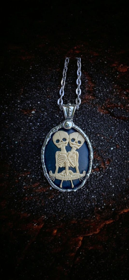 Skeletal Siamese twins cameo Tiffany technique necklace~