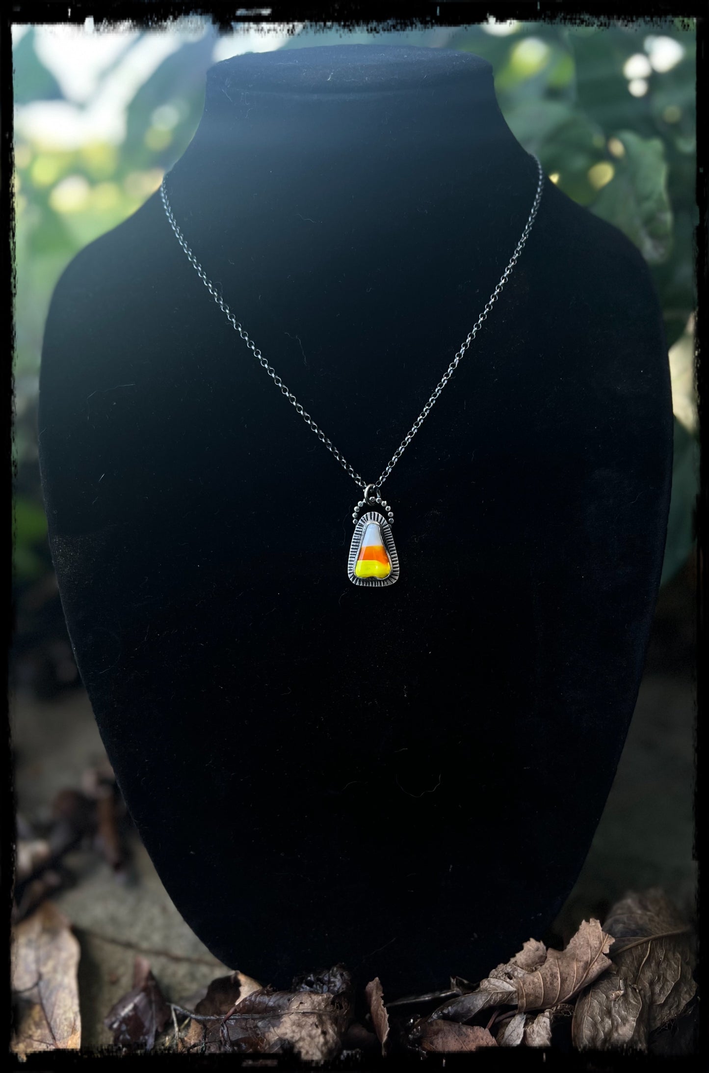 Trick or treat~Hand crafted Sterling silver Glass blown candy corn pendant layering necklace~