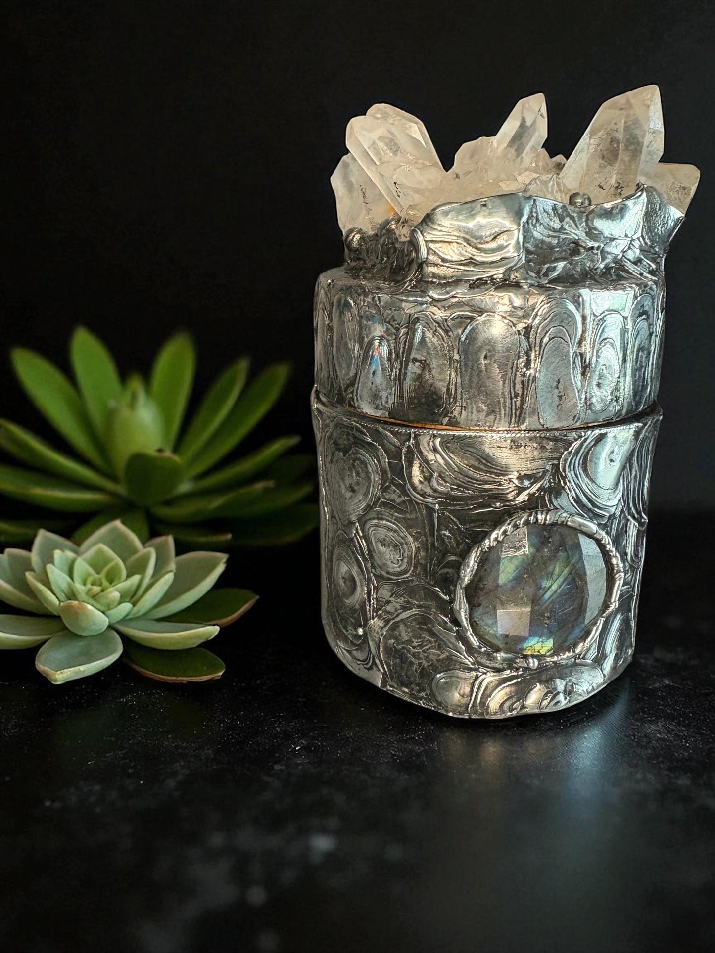 Stoned Alchemy High Priestess herbal jar(large)-clear quartz & Labradorite-