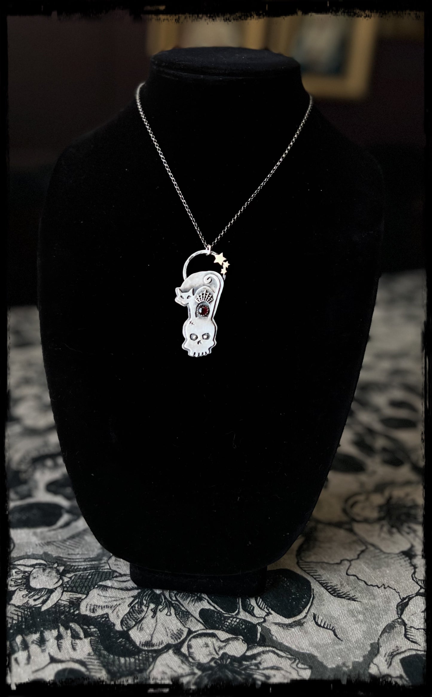 Scaredy-cat ~Hand crafted Sterling silver cat & skull with spiderweb garnet statement necklace ~