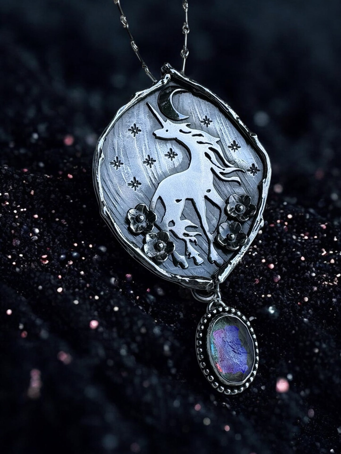 The Last Unicorn Talisman – Handcrafted Sterling Silver Necklace with Rainbow Mystic Quartz