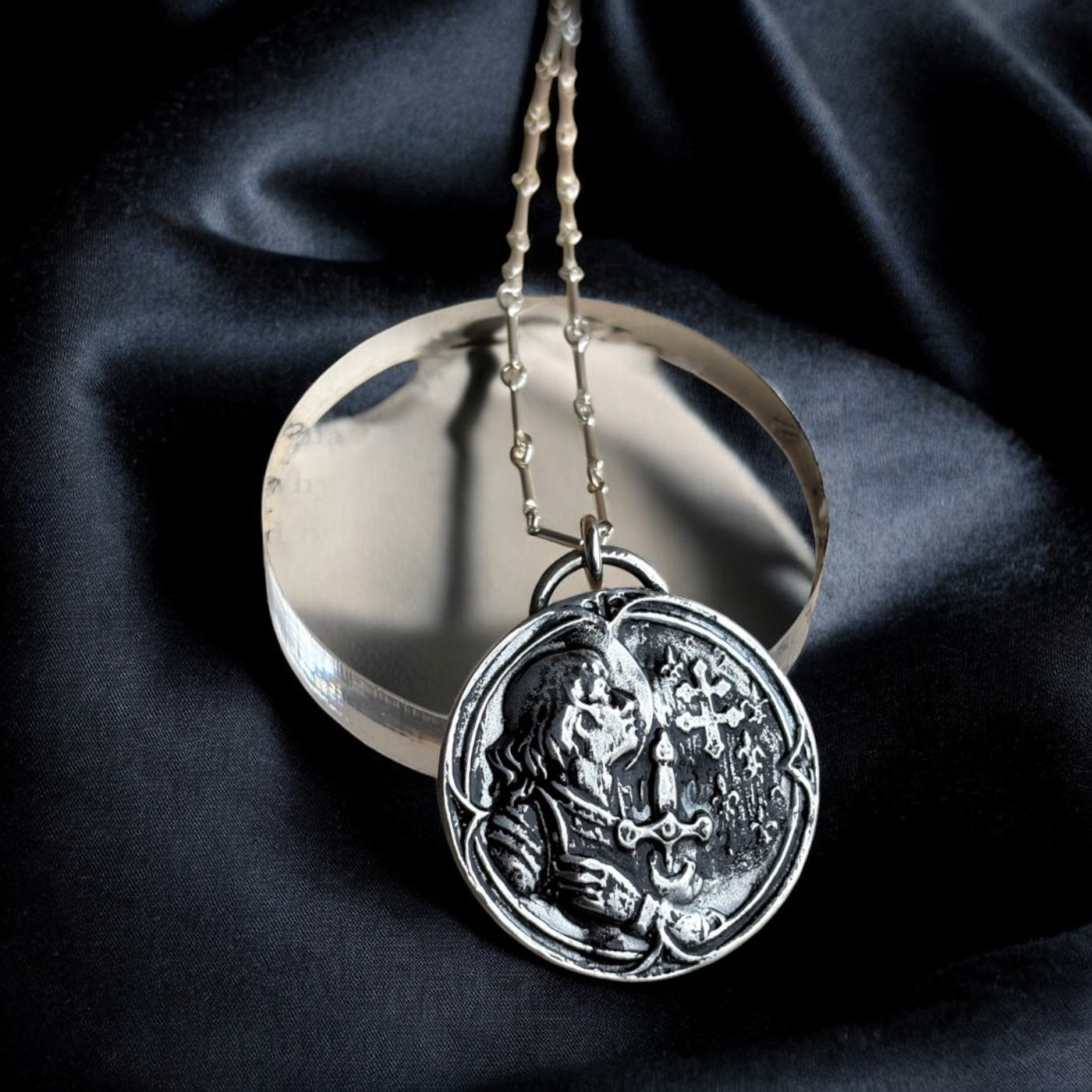 Handcrafted sterling and fine silver Joan of Arc necklace~