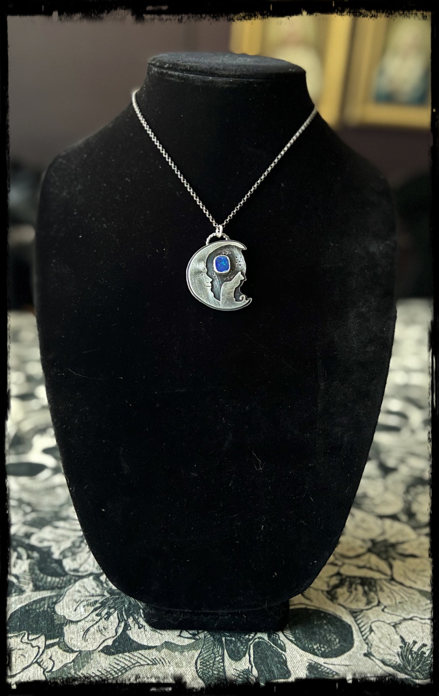 Dream a little dream~Sterling silver crescent man in the moon & cat boulder opal necklace ~