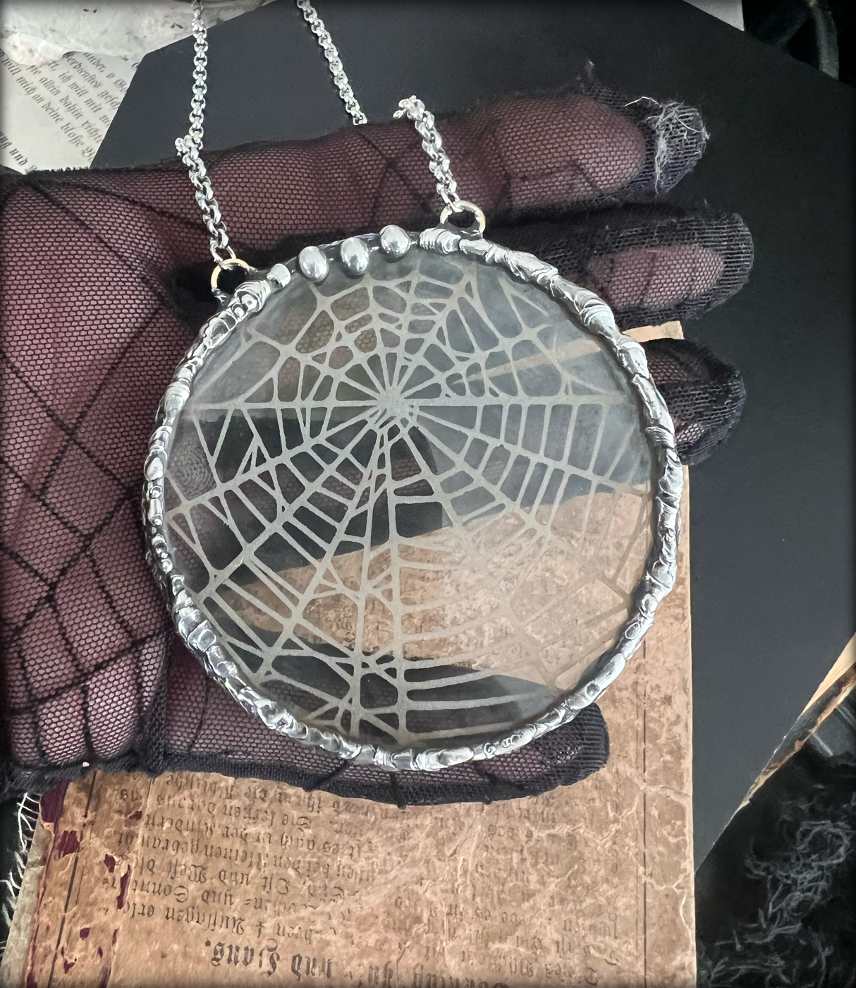 Handcrafted, Tiffany technique, uranium glass, spiderweb, etched statement necklace~