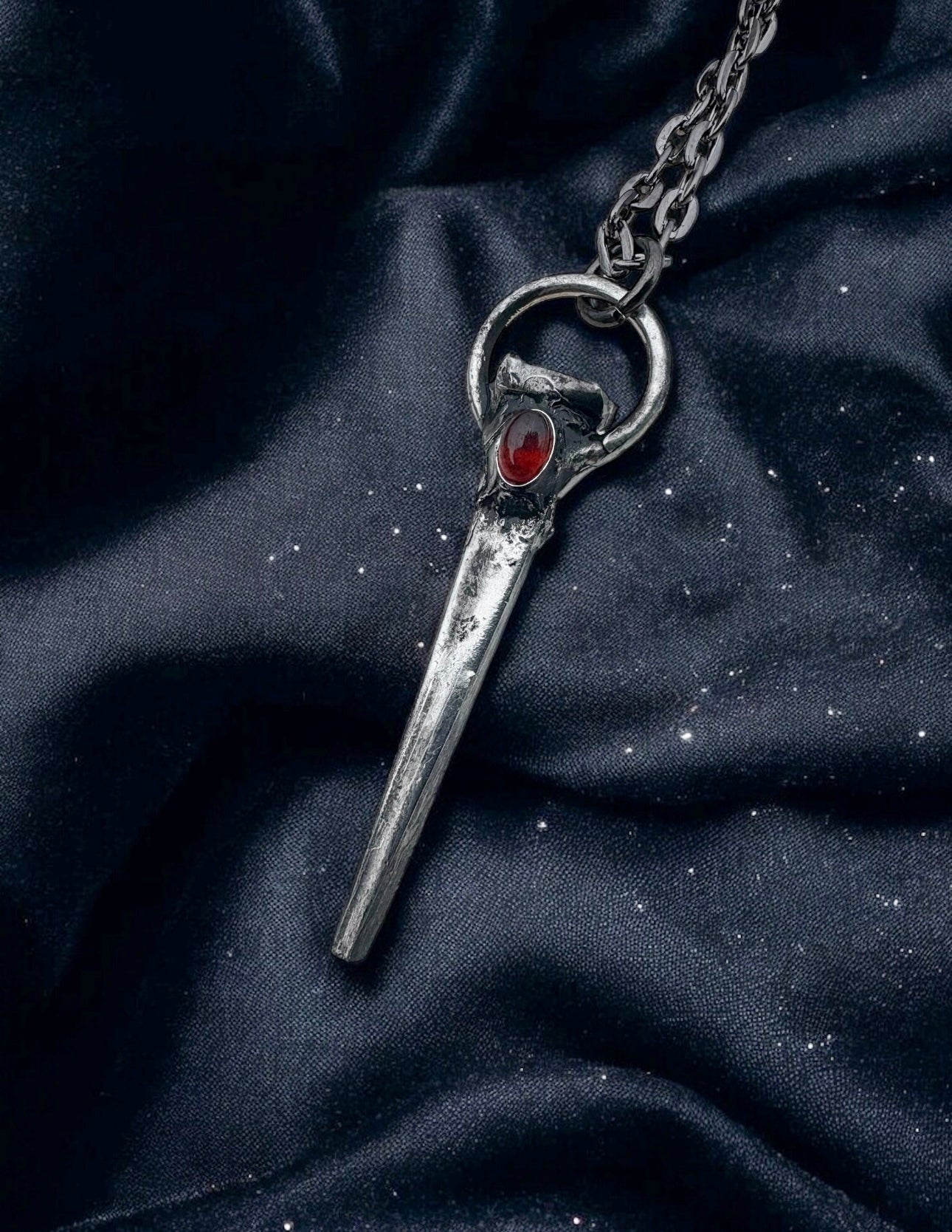 Blood-drop~Hand Crafted Antique Coffin nail with garnet Tiffany technique pendant necklace~
