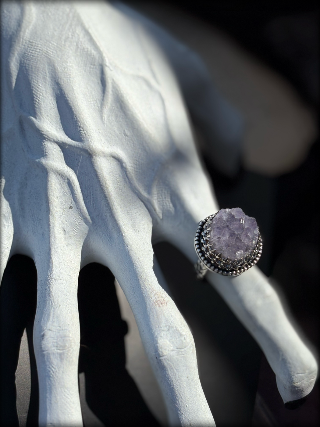 Handcrafted sterling silver raw amethyst cluster ring size 8~