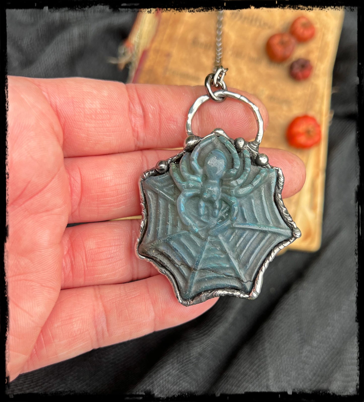 Spider on web carved Labradorite Tiffany technique necklace~