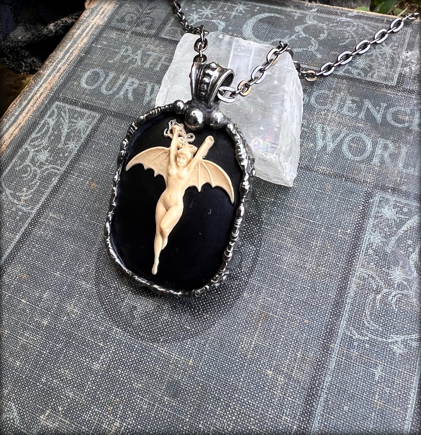 La Femme Chauve-Souris (Noir)~resin bat woman hand crafted made to order Tiffany technique necklace~