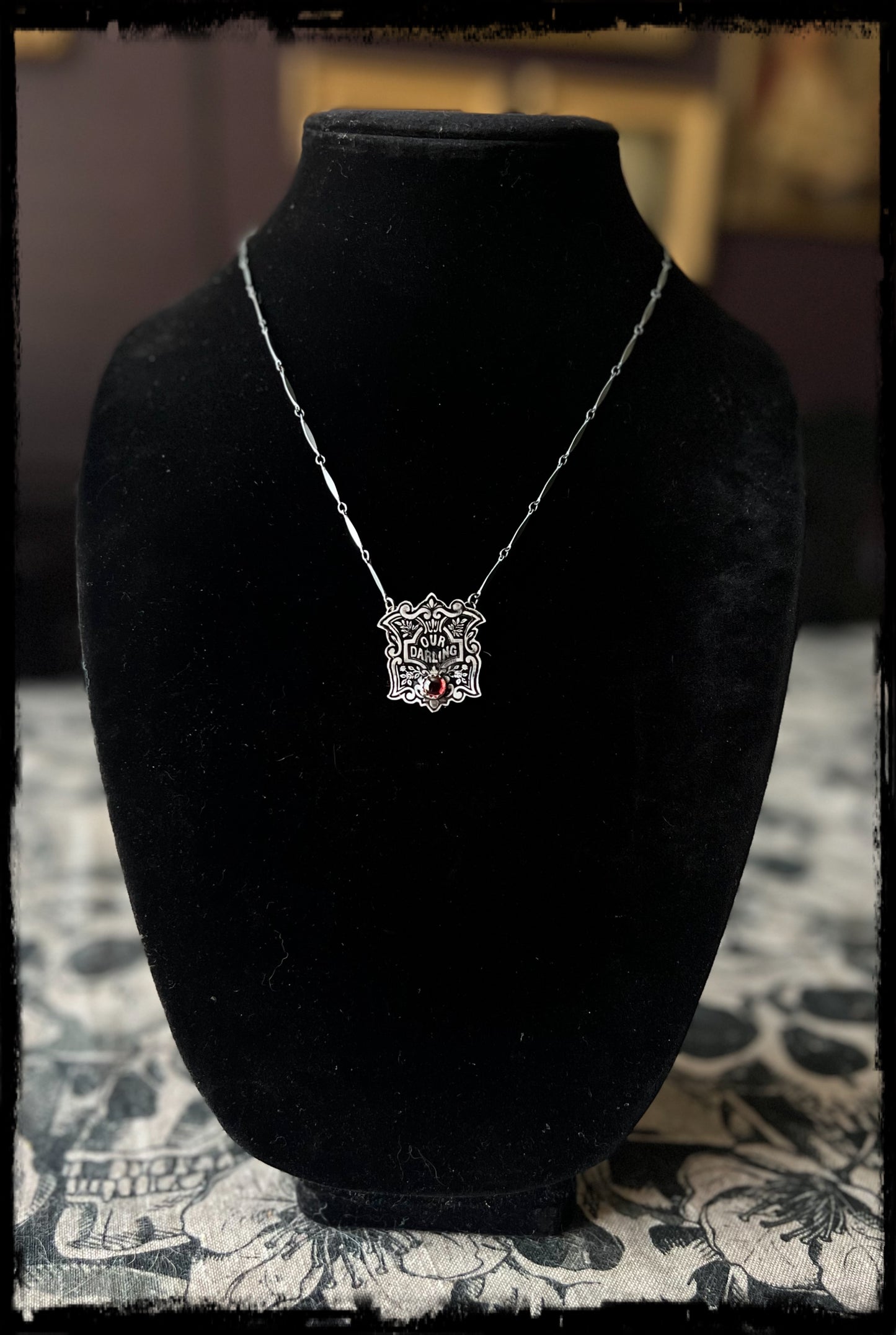 Victorian our darling coffin escutcheon~sterling silver & garnet layering necklace~
