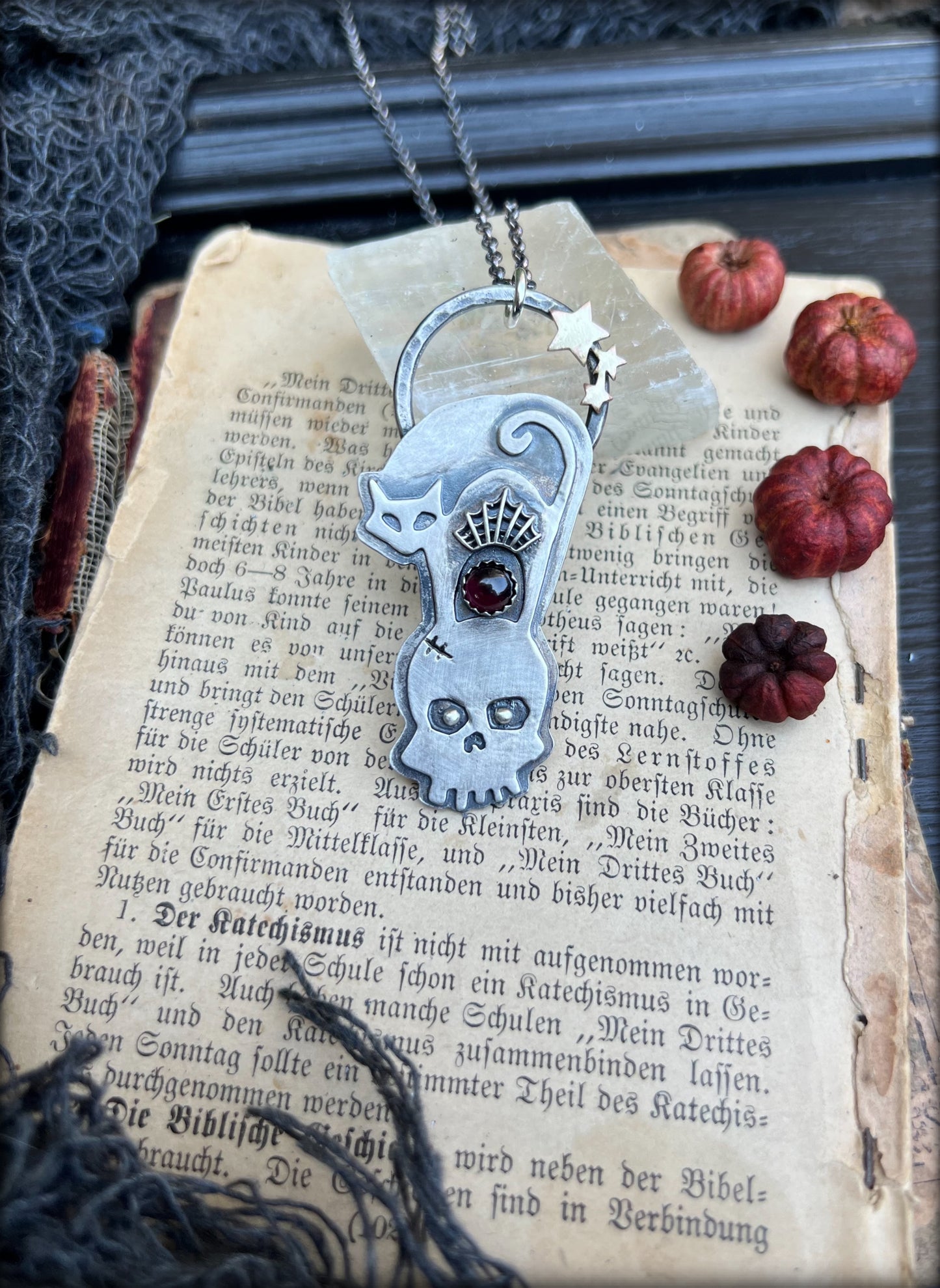Scaredy-cat ~Hand crafted Sterling silver cat & skull with spiderweb garnet statement necklace ~