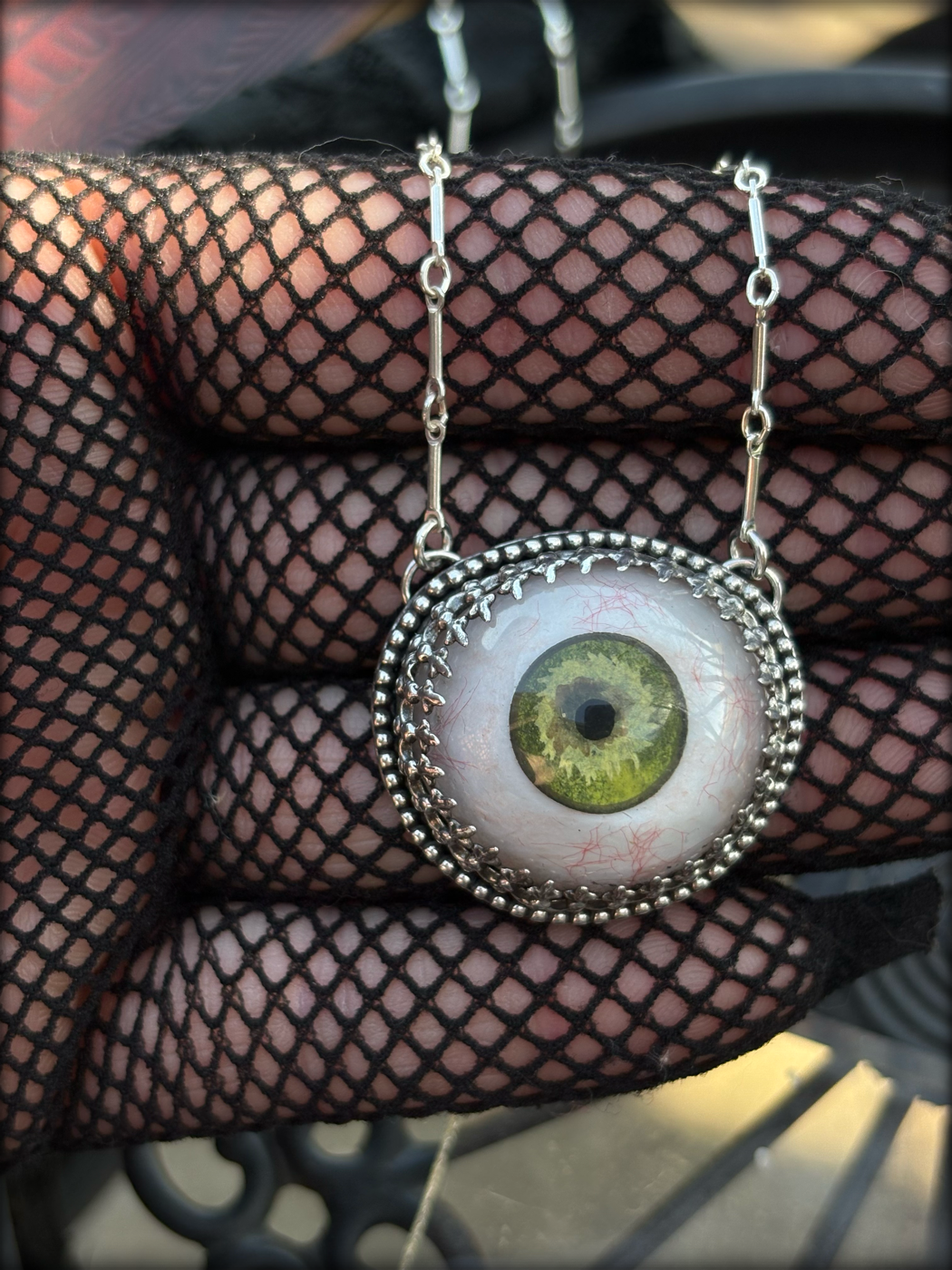 Eye see you~Hand crafted sterling & fine silver prosthetic green eye necklace ~
