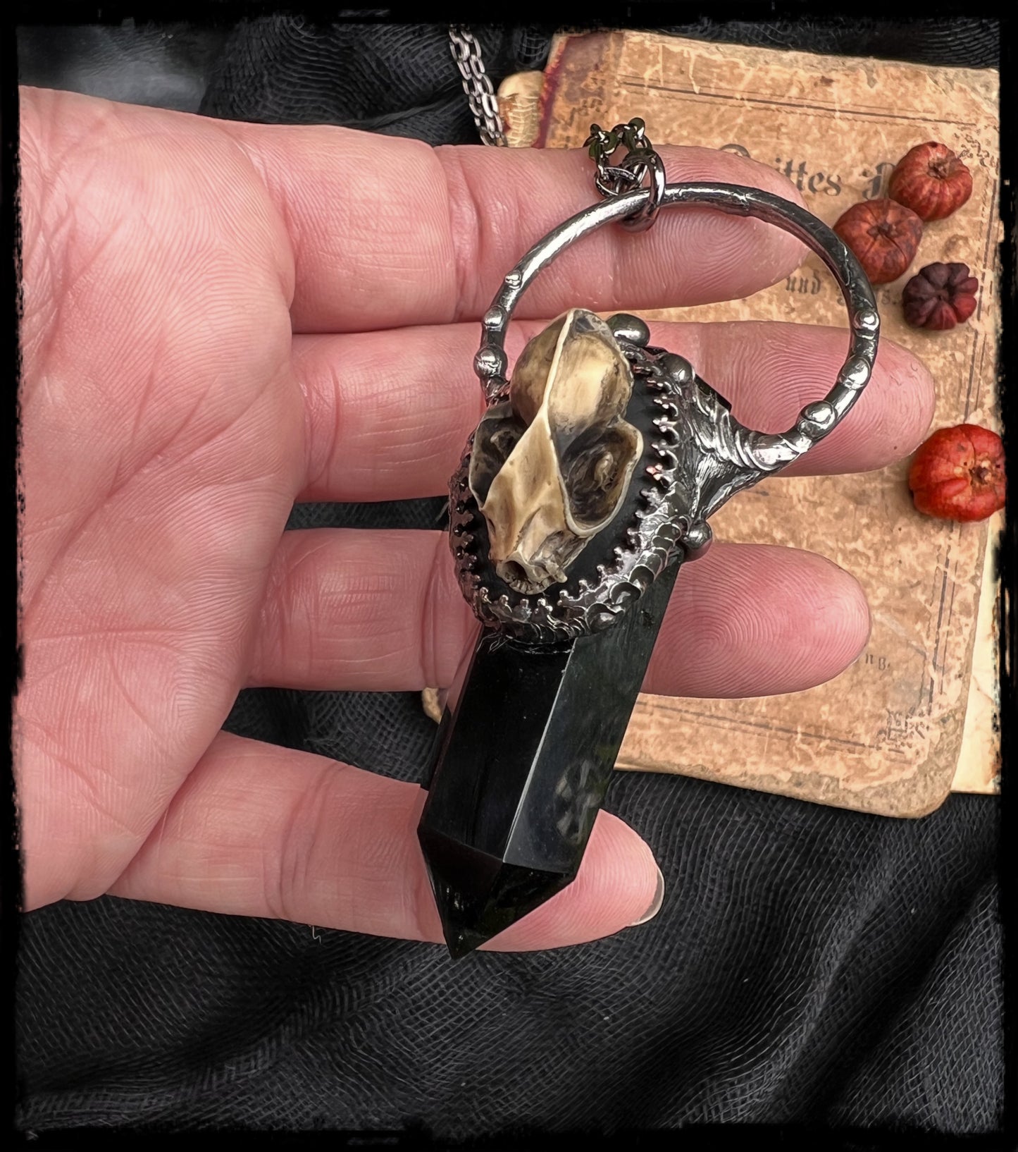 Bella Morte' obsidian bat skull cameo necklace~