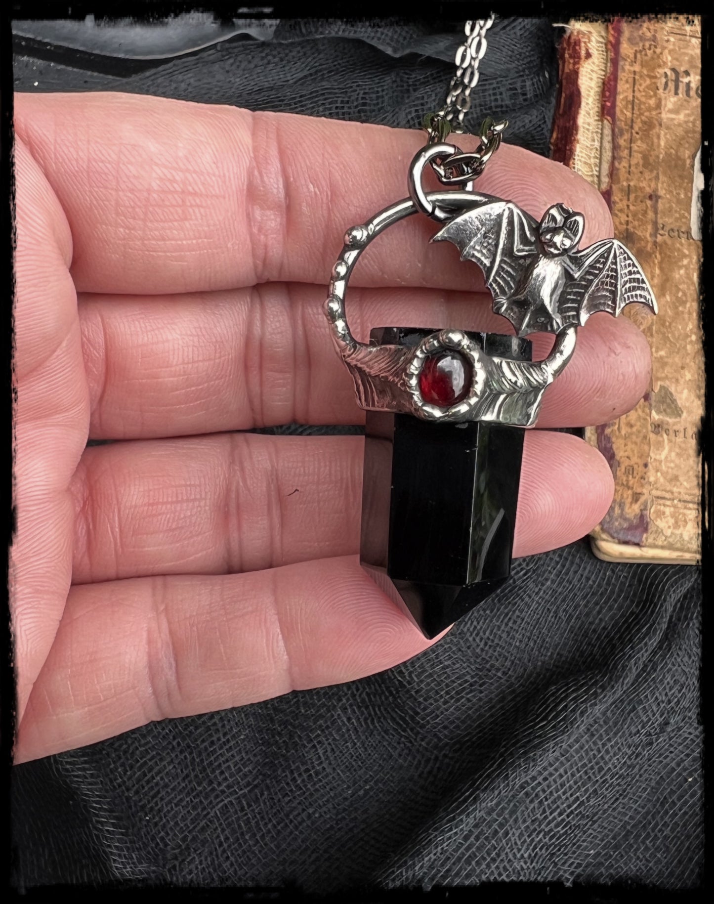 Bat in the belfry ~Obsidian & garnet bat crystal necklace~
