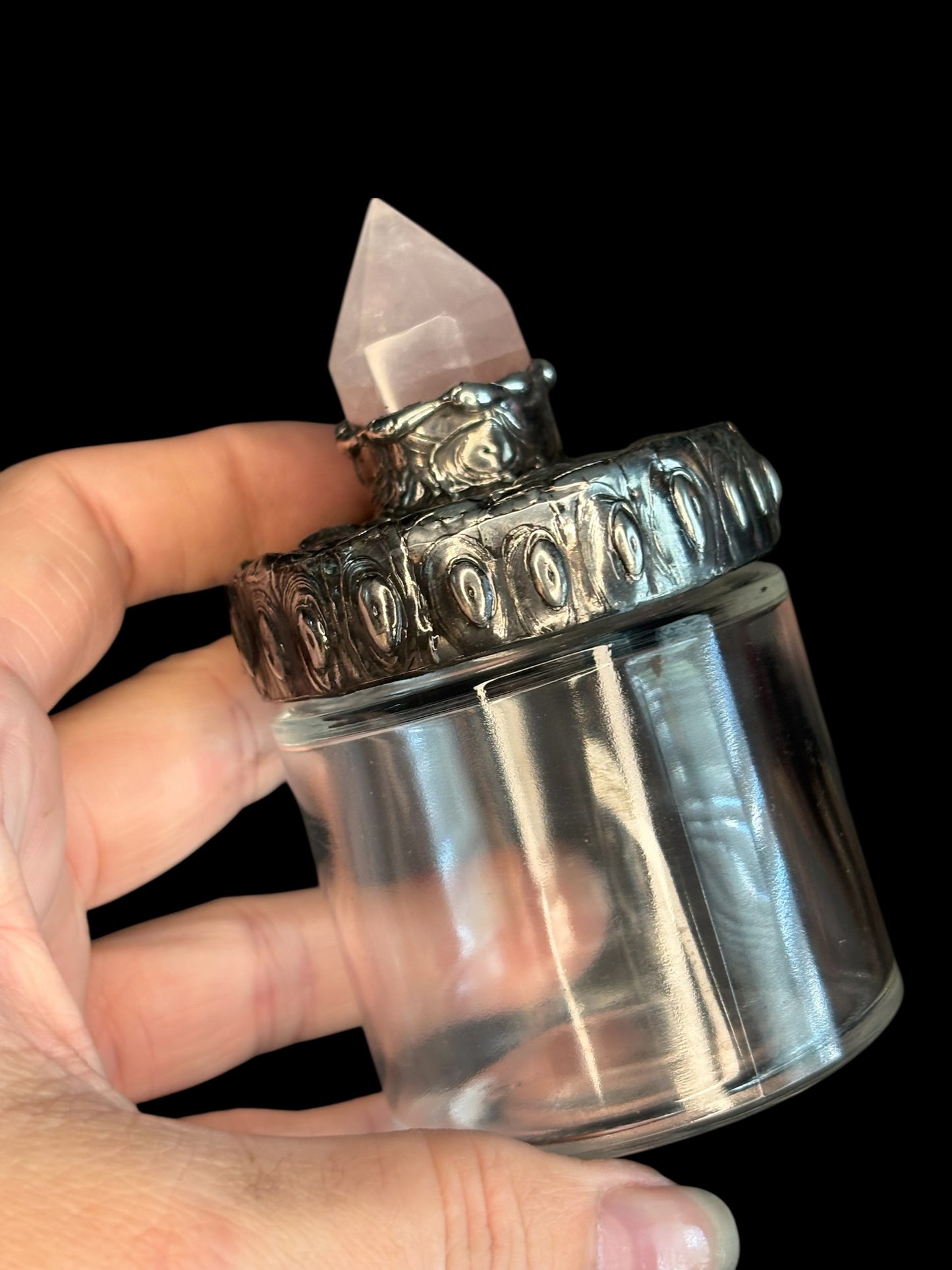 Stoned Alchemy High Priestess herbal jar with decorative rose quartz crystal lid clear glass bottom-