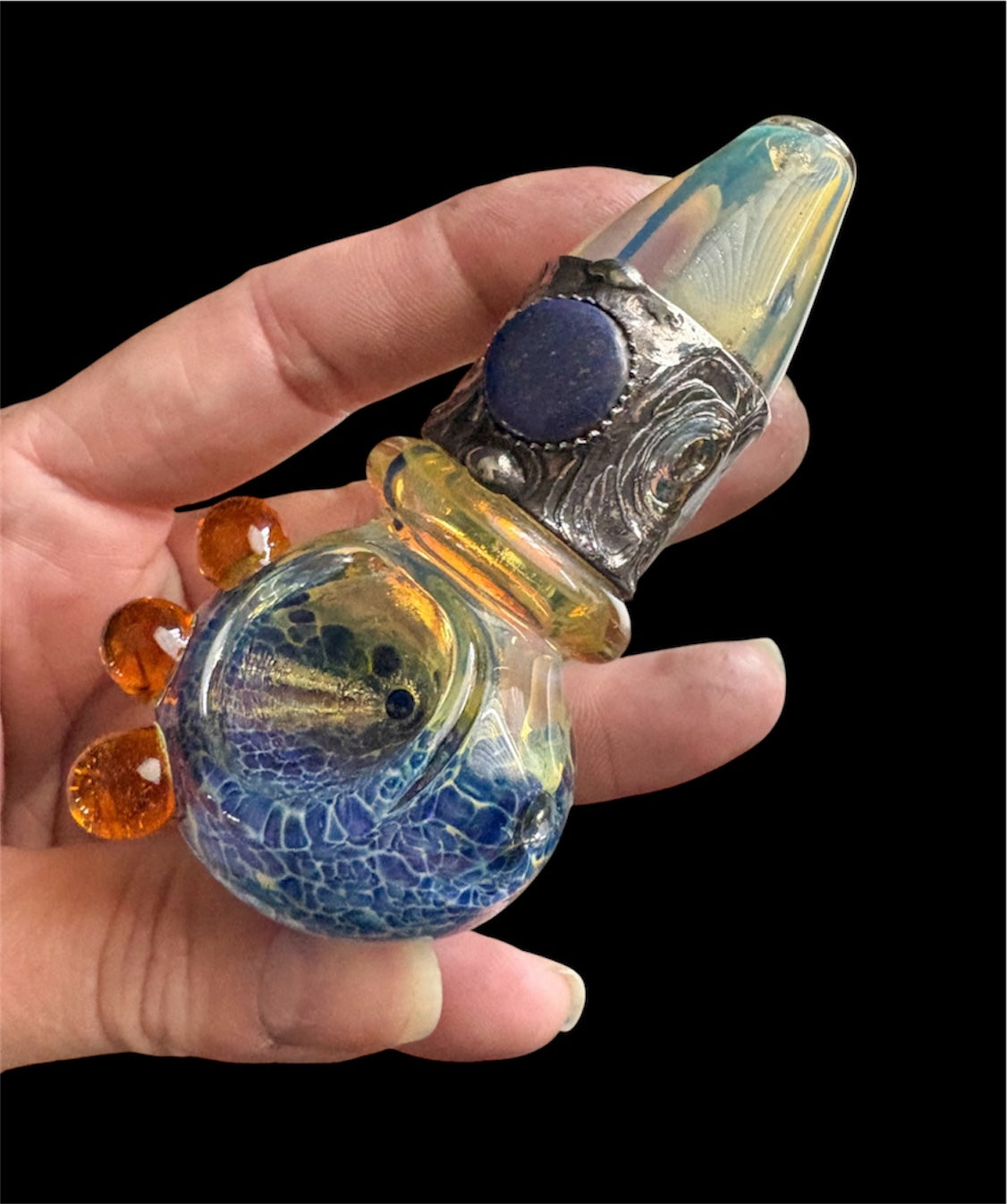Stoned Alchemy -Ceremonial herb vessel(pipe)molten metal & lapis lazuli-