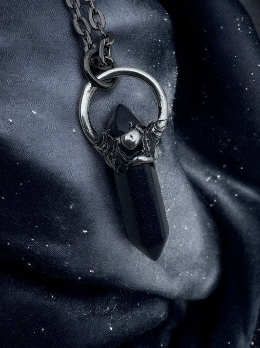 Blue goldstone brutalist style Tiffany Technique crystal stacker necklace ~