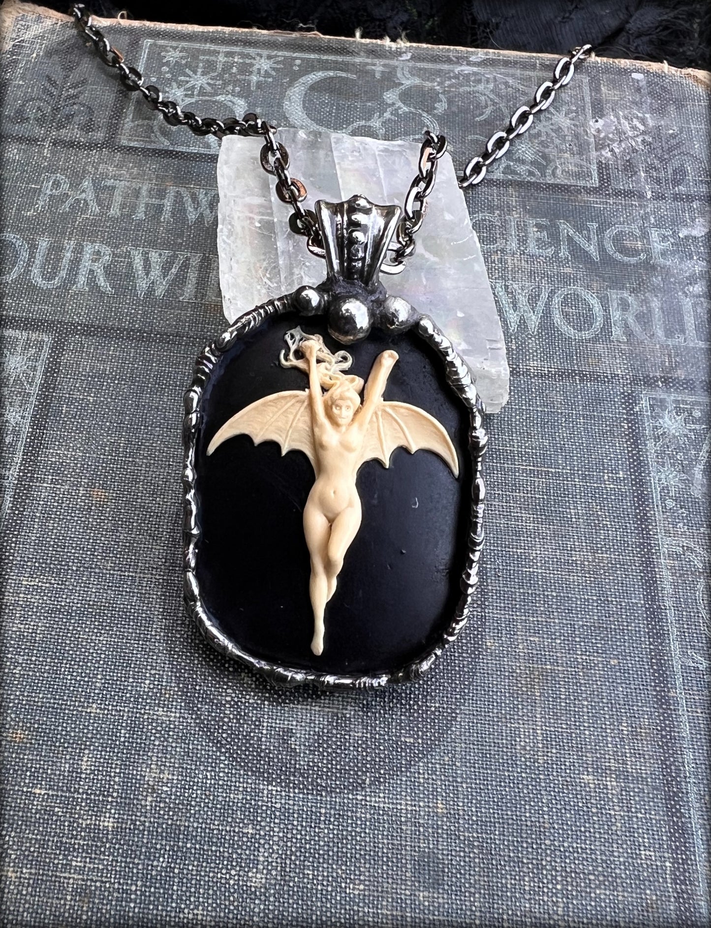 La Femme Chauve-Souris (Noir)~resin bat woman hand crafted made to order Tiffany technique necklace~