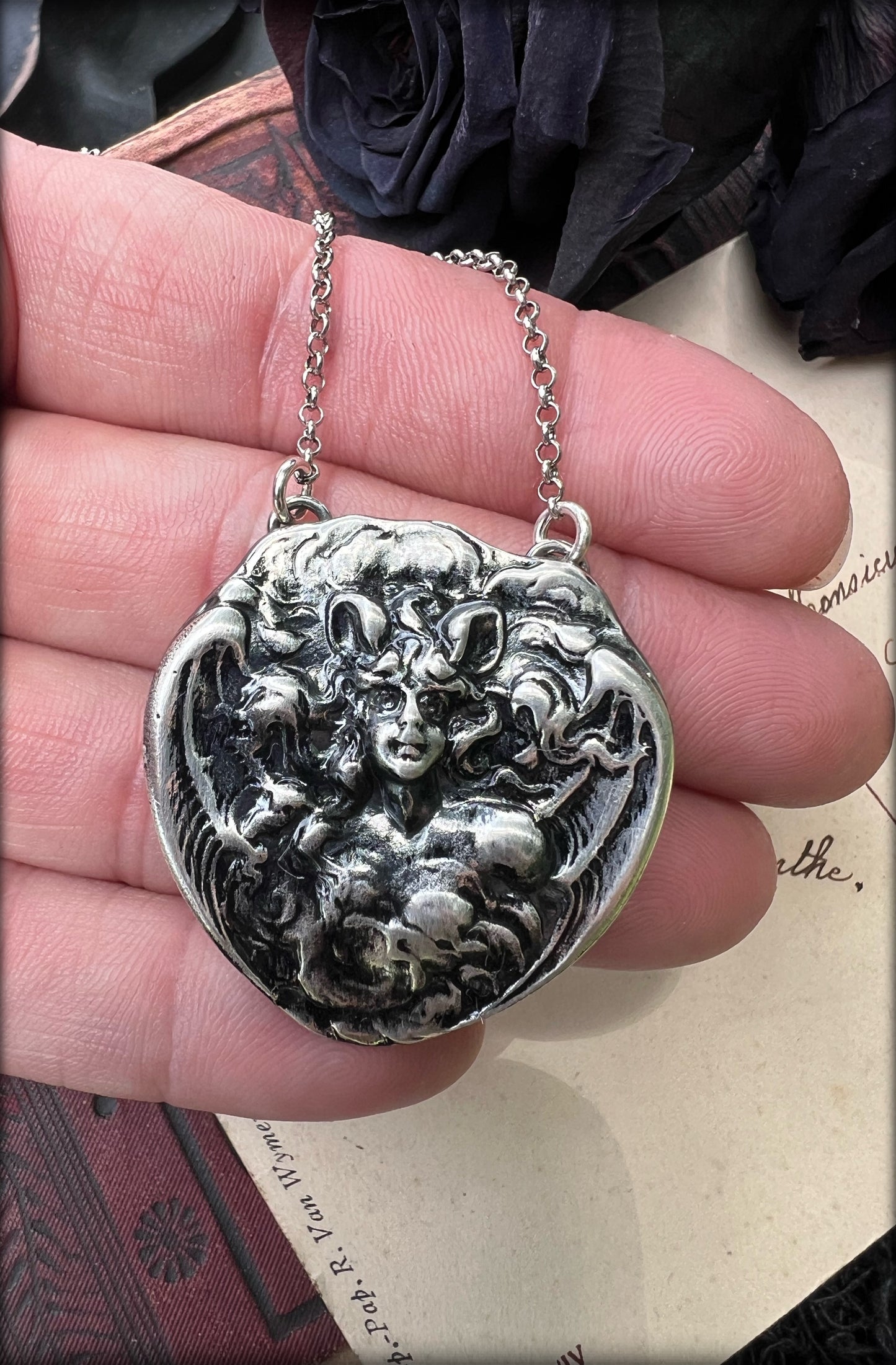 Unger Bros die cast Bat woman sterling and fine silver necklace MTO~