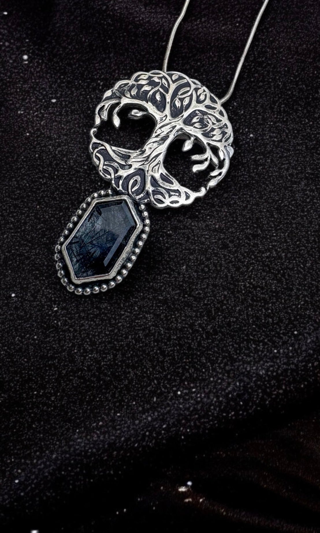 Rooted wisdom amulet— sterling and fine silver terminated black tourmaline quartz necklace