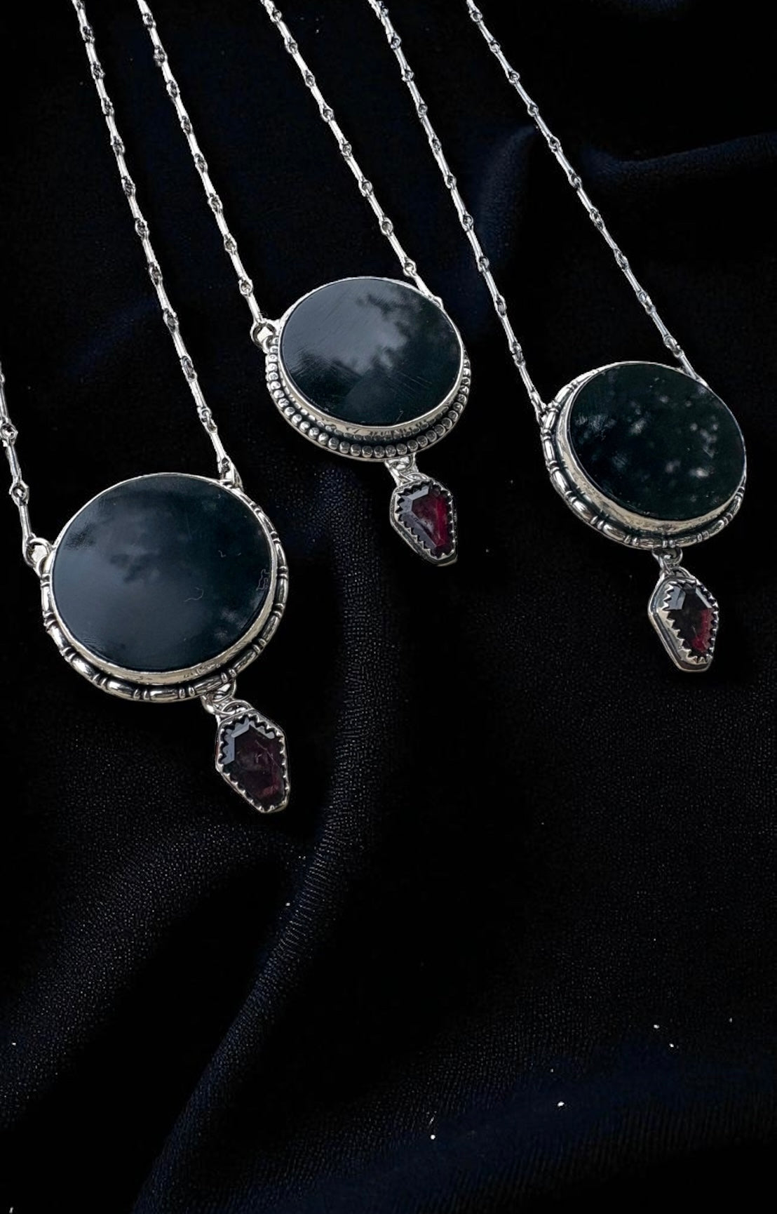 The Obsidian Veil-obsidian scrying mirror with coffin cut garnet Sterling silver necklace-
