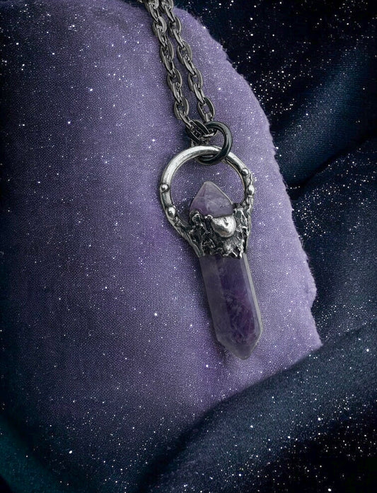 Hand crafted brutalist Amethyst Tiffany Technique crystal stacker necklace~