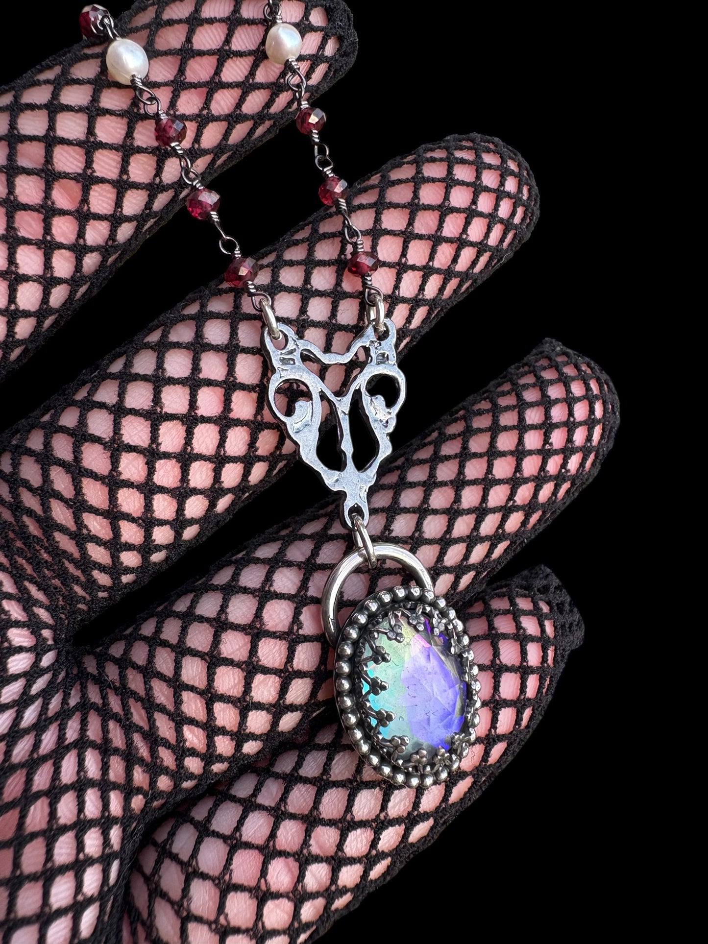 Mourning Chaplet – Sterling Silver Necklace with Mystic Quartz, Garnet & Pearl