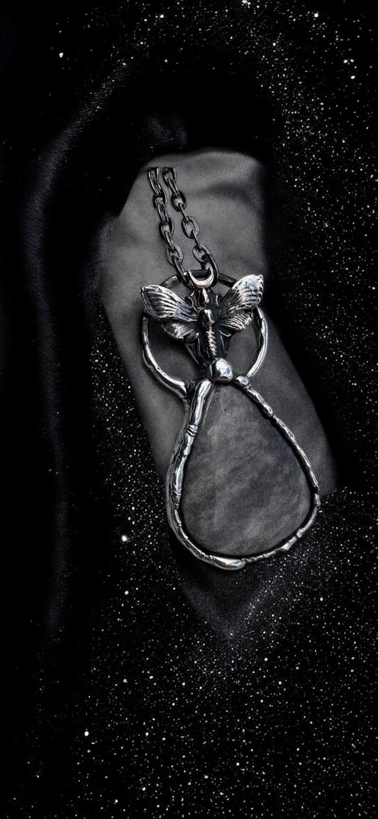Nocturne’s Emissary –Deathmoth Tiffany technique pendant with silver sheen obsidian pendant necklace ~