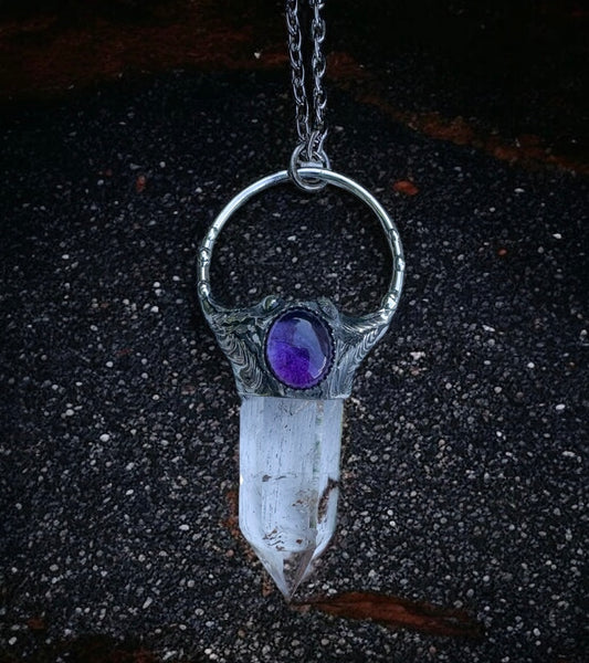 Violet veil – Amethyst & Clear Quartz Gothic Talisman Necklace