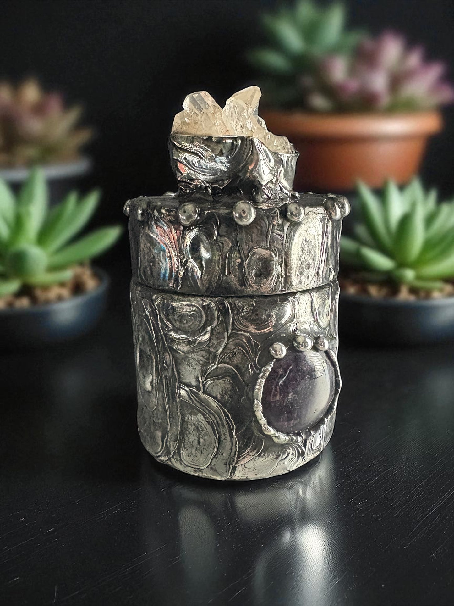 Stoned Alchemy High Priestess herbal jar(large)-
-clear quartz & amethyst-