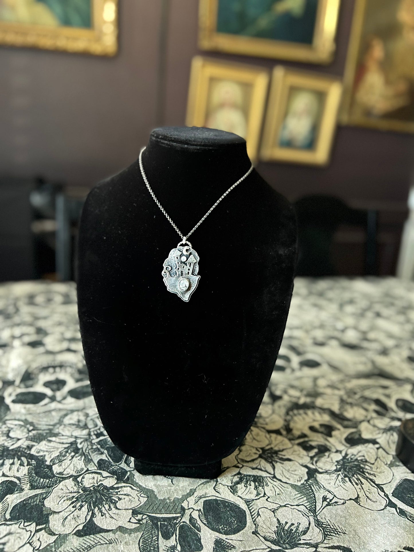 Haunted House~Hand crafted Sterling silver haunted house with rose cut black tourmaline included quartz & rainbow moonstone necklace~