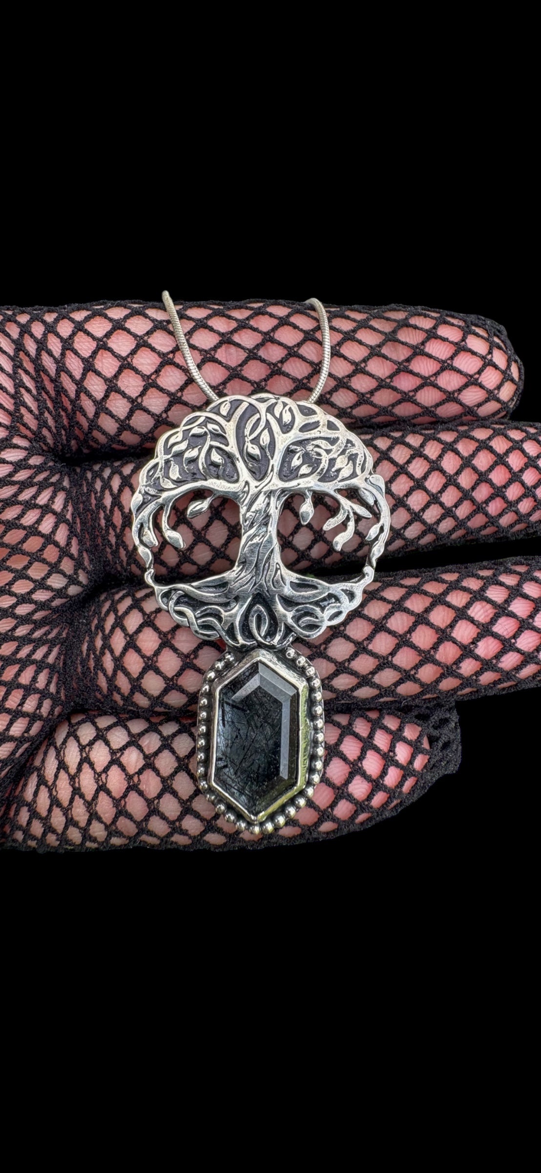 Rooted wisdom amulet— sterling and fine silver terminated black tourmaline quartz necklace